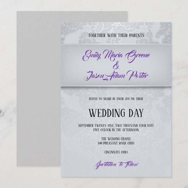 Invitación Boda de damasco gris plateado (Anverso / Reverso)