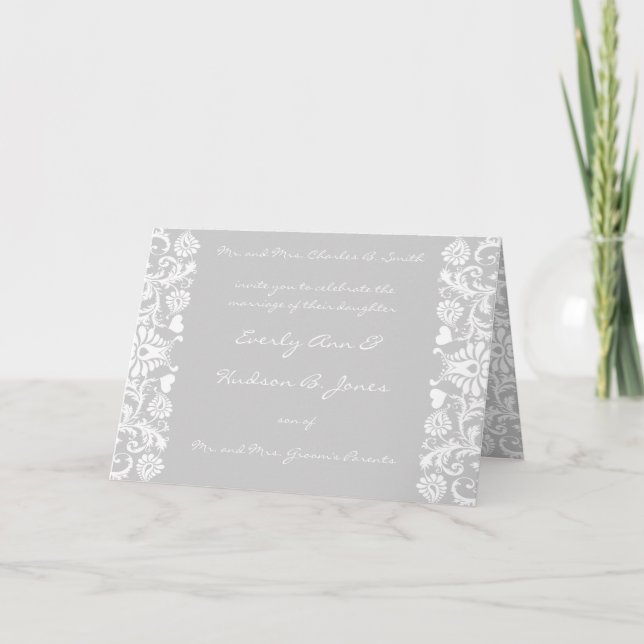Invitación Boda de Damasco gris que elija color (Anverso)