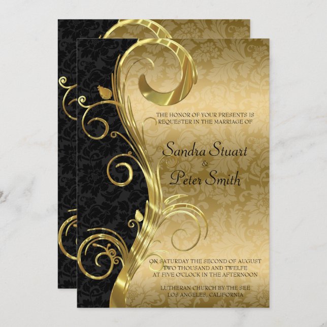 Invitación Boda de damasco negro y dorado con espiral dorada (Anverso / Reverso)