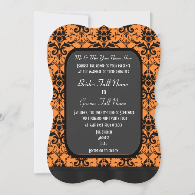 Invitación Boda de damasco negro y naranja (Anverso)