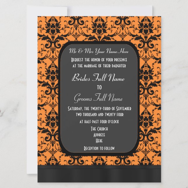 Invitación Boda de damasco negro y naranja (Anverso)