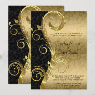 Invitación Boda de damasco negro y remolino de oro