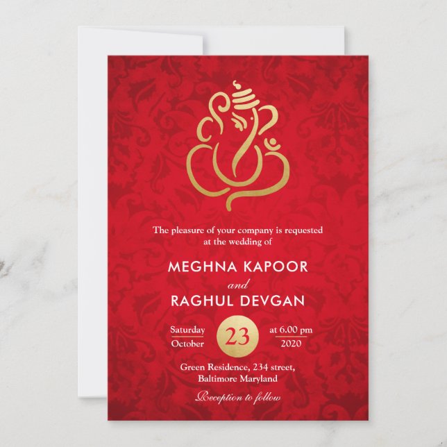 Invitación Boda de Damasco Rojo en Relieve metalizado dorado  (Anverso)