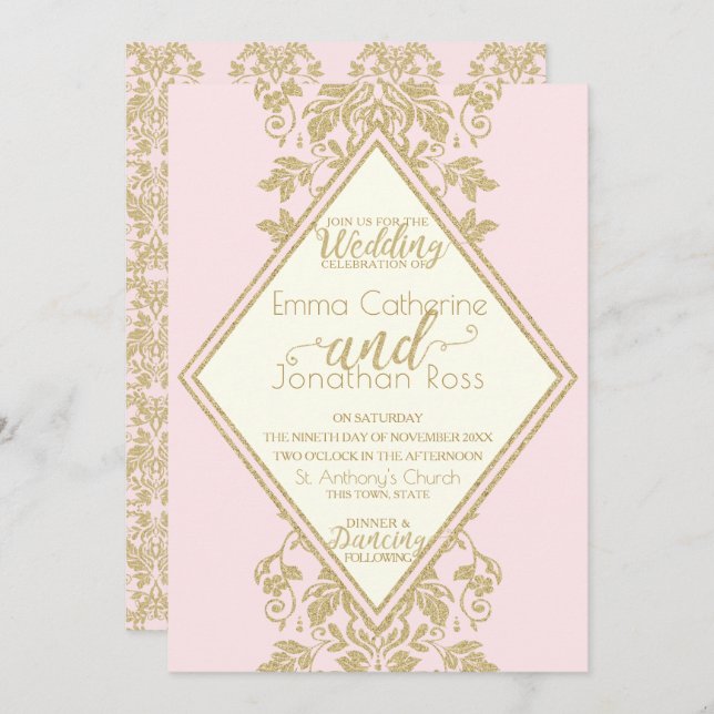 Invitación Boda de Damasco rosa y dorada (Anverso / Reverso)