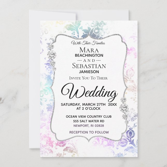 Invitación *~* Boda de Damasco Rústico de Diamante Blanco Vin (Anverso)