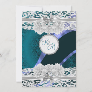 Invitación boda de damasco verde azulado y monograma de encaj