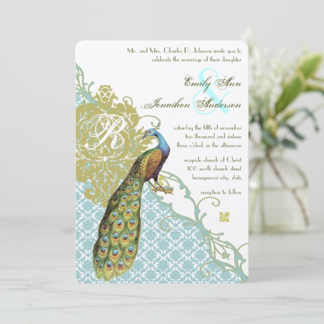 Invitación Boda de damasco verde y azul de pavo real (Anverso de pie)