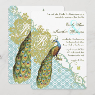 Invitación Boda de damasco verde y azul de pavo real