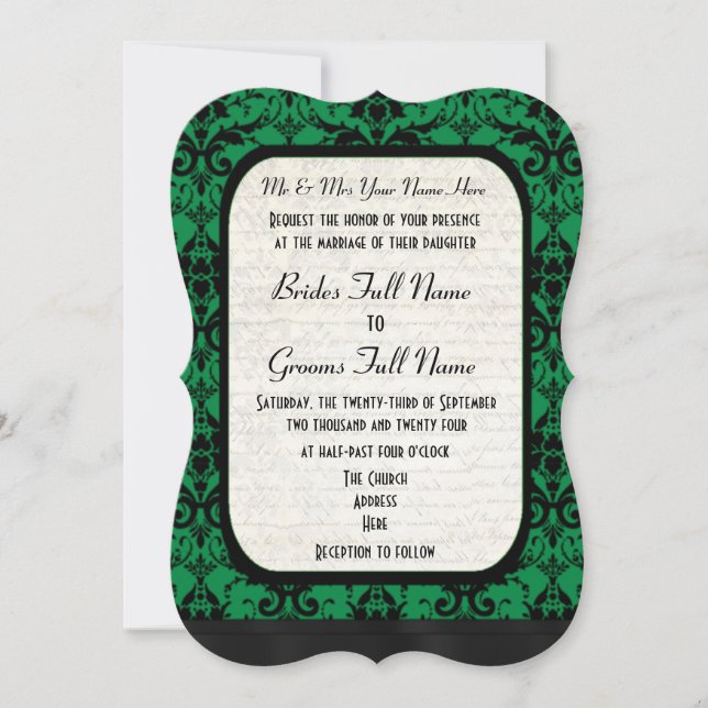 Invitación Boda de damasco verde y negro (Anverso)
