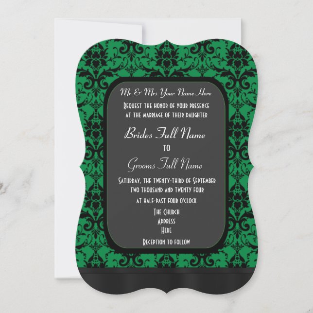 Invitación Boda de damasco verde y negro (Anverso)