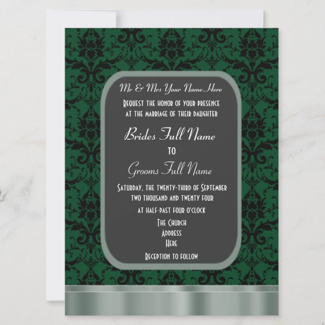 Invitación Boda de damasco verde y negro (Anverso)