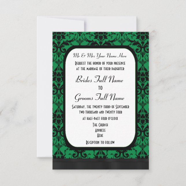 Invitación Boda de damasco verde y negro (Anverso)