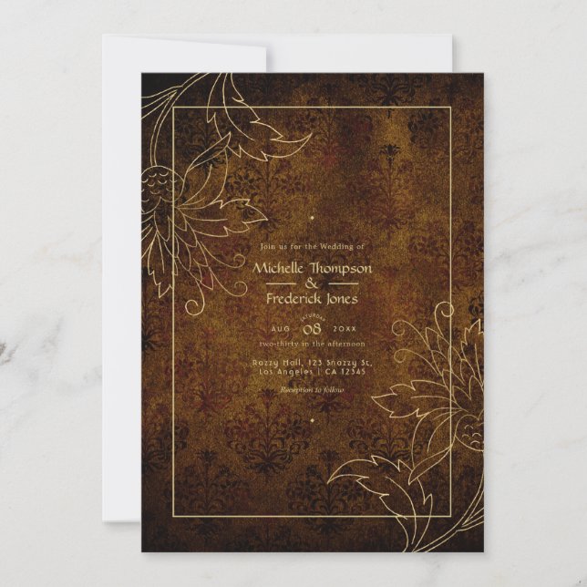 Invitación Boda de Damasco Vintage de Oro (Anverso)