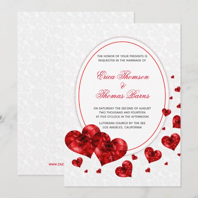 Invitación Boda de damasco y corazones rojos (Anverso / Reverso)