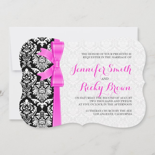 Invitación Boda De Damascos Blancos Y Negros De Cinta Rosa (Anverso)