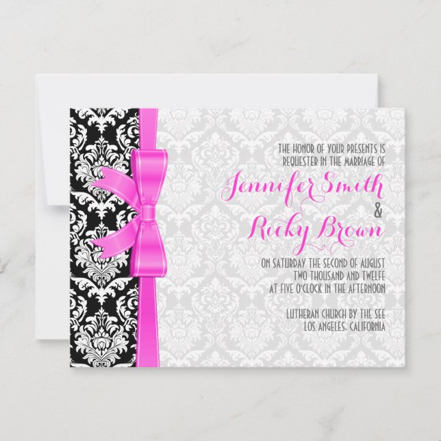 Invitación Boda De Damascos Blancos Y Negros De Cinta Rosa (Anverso)