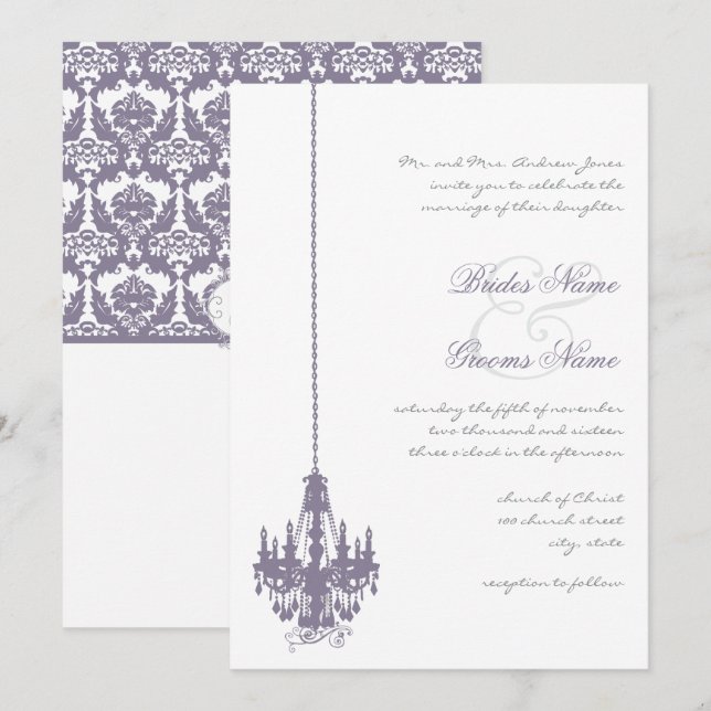 Invitación Boda de Damask con araña de araña violeta púrpura (Anverso / Reverso)
