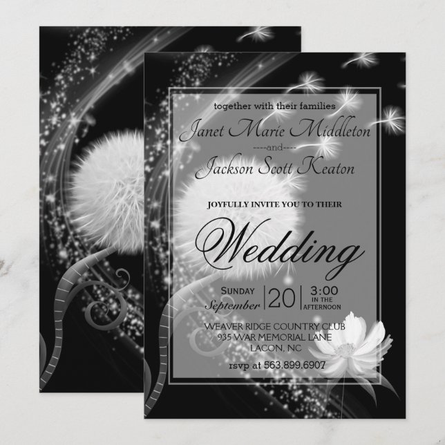 Invitación Boda de Dandelion blanco y negro (Anverso / Reverso)