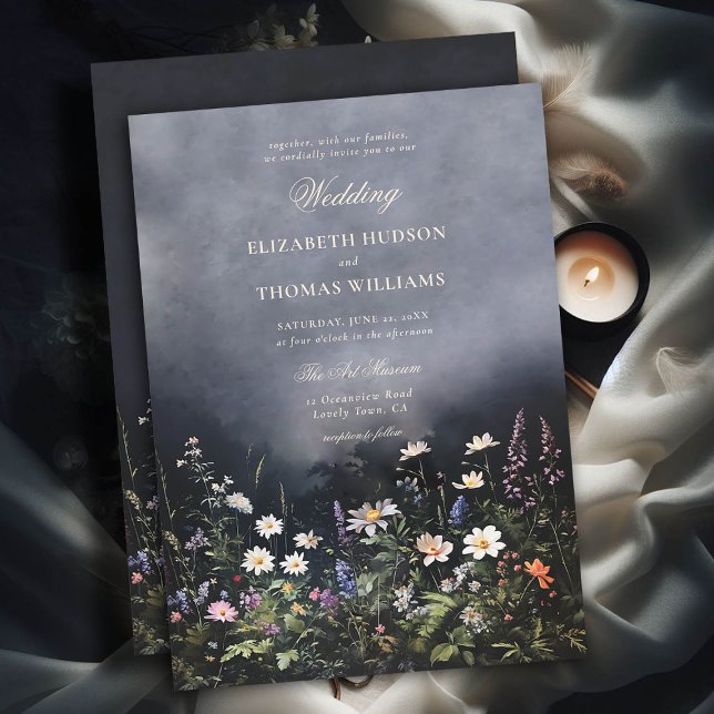 Invitación Boda de Dark Romantic Dusk Moody Wildflowers (moody dark romantic wedding invitation dusk garden wild flowers black white purple modern classic)
