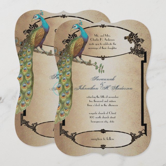 Invitación Boda de deco de pavo real dorado (Anverso / Reverso)
