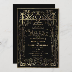 Invitación Boda de Deco Victoriano Vintage negro y dorado