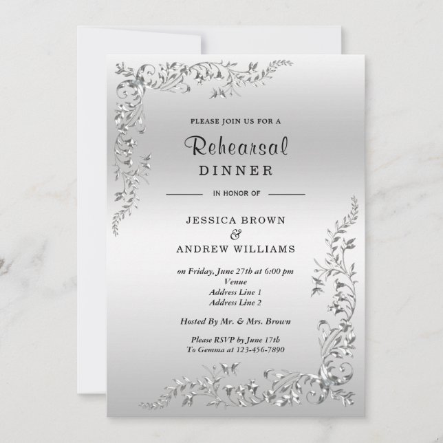 Invitación Boda de decoración plateada (Anverso)