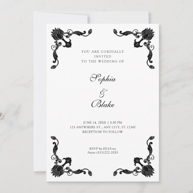 Invitación Boda de decoración simple en blanco y negro (Anverso)