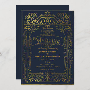 Invitación Boda de decoro victoriano azul y dorado de la mari