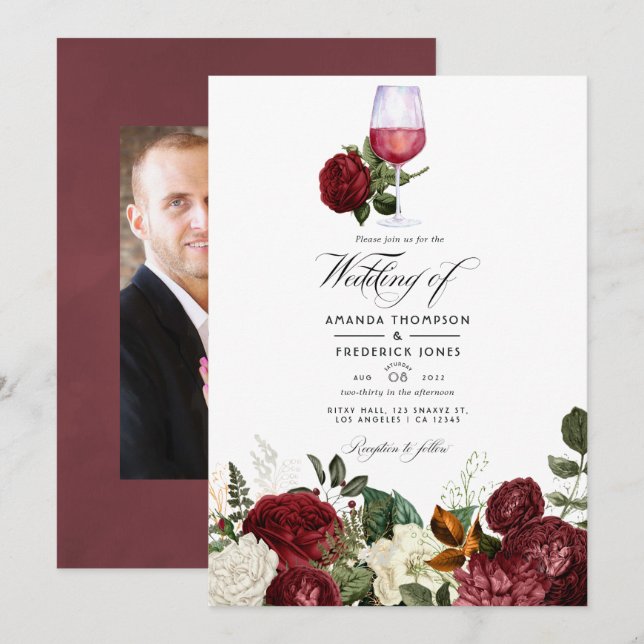 Invitación Boda de degustación de vino floral de Borgoña (Anverso / Reverso)