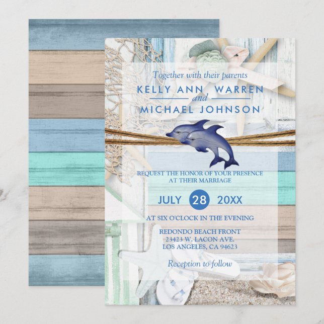 Invitación Boda de delfines frente a la playa (Anverso / Reverso)