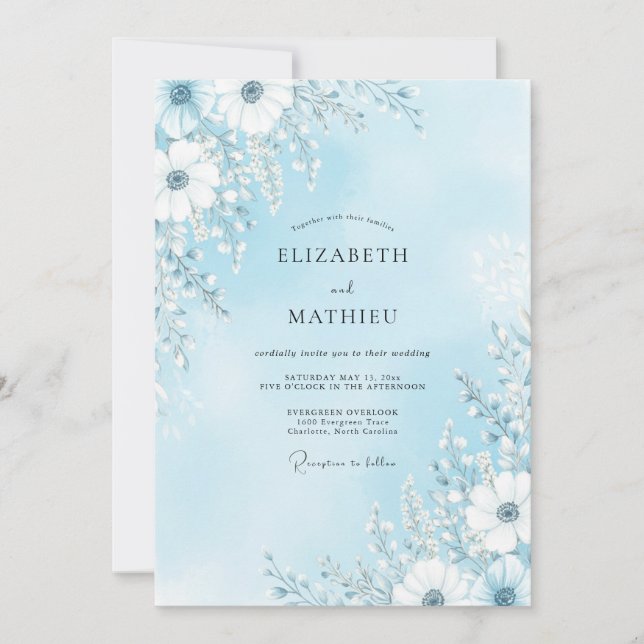 Invitación Boda de delicado florecimiento azul cielo (Anverso)