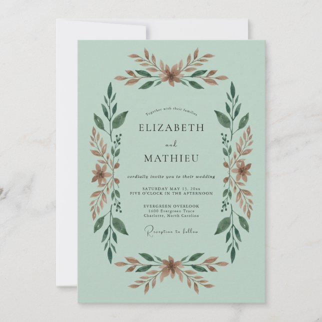 Invitación Boda de delicado follaje verde menta (Anverso)