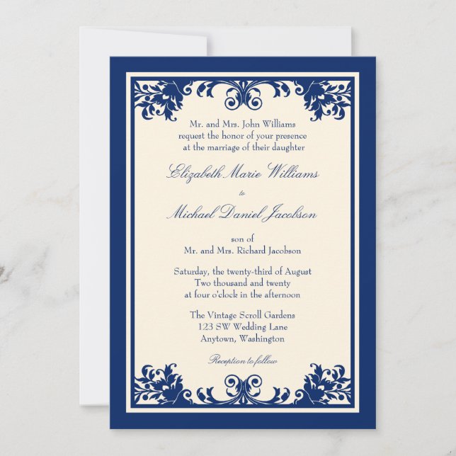 Invitación Boda de desplazamiento florecido con crema naval (Anverso)