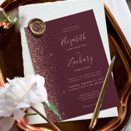 Invitación Boda de destellos de oro rosa burgundy oscuro mode