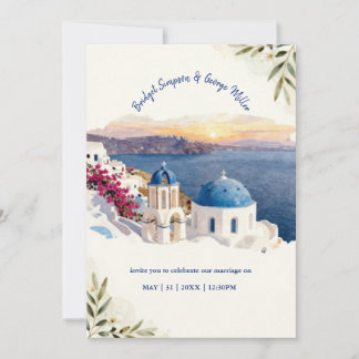 Invitación Boda de destino acuarela azul de Santorini