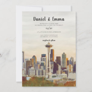 Invitación Boda de destino acuarela del horizonte de Seattle