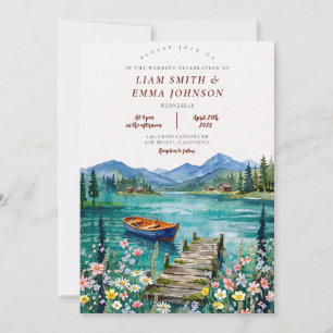 Invitación Boda de destino acuarela en lago de montaña