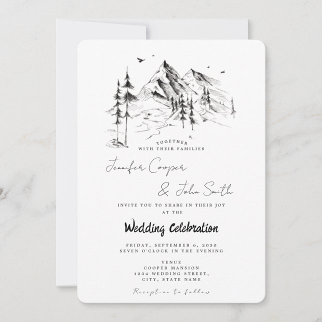Invitación Boda de destino bosque y montaña dibujados a mano (Anverso)