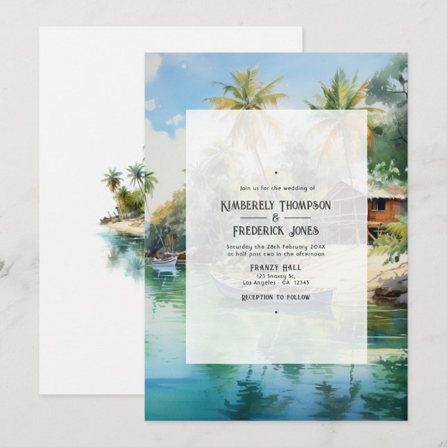 Invitación Boda de destino caribeña con acuarela (Anverso / Reverso)