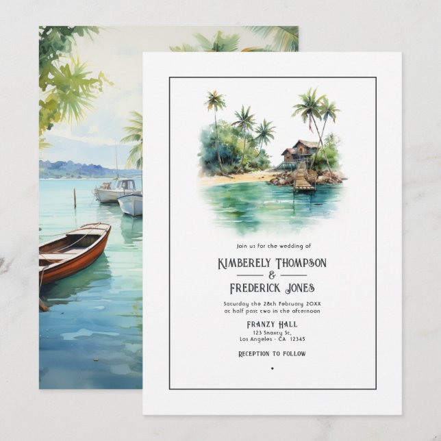 Invitación Boda de destino caribeña con acuarela (Anverso / Reverso)