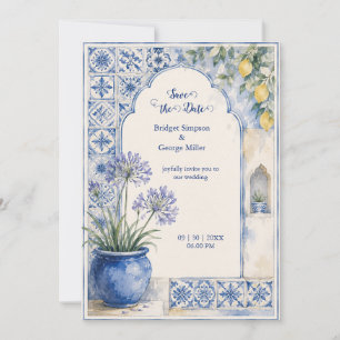 Invitación Boda de destino con azulejo azul y limón Amalfi