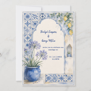 Invitación Boda de Destino con Azulejo Azul y Limón Amalfi