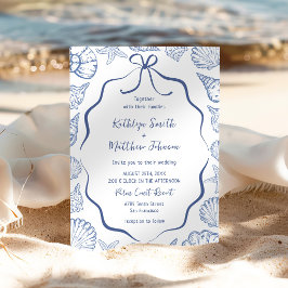 Invitación Boda de Destino Costero con Conchas de Mar Azul Po