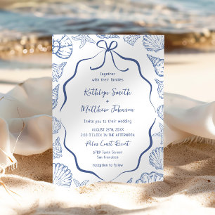 Invitación Boda de Destino Costero con Conchas de Mar Azul Po