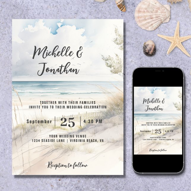 Invitación Boda de destino costero de la playa de acuarela (Subido por el creador)
