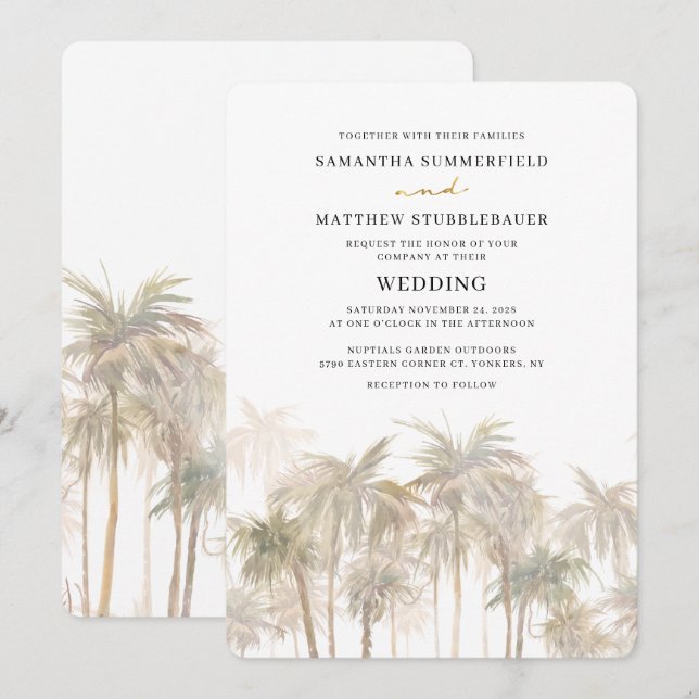Invitación Boda de destino costero de palmeras (Anverso / Reverso)