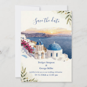 Invitación Boda de destino de acuarela azul de Santorini