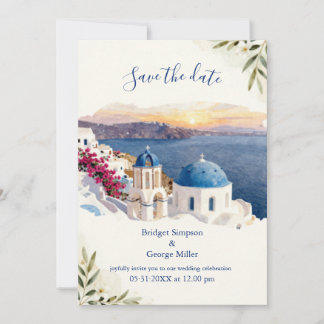 Invitación Boda de destino de acuarela azul de Santorini