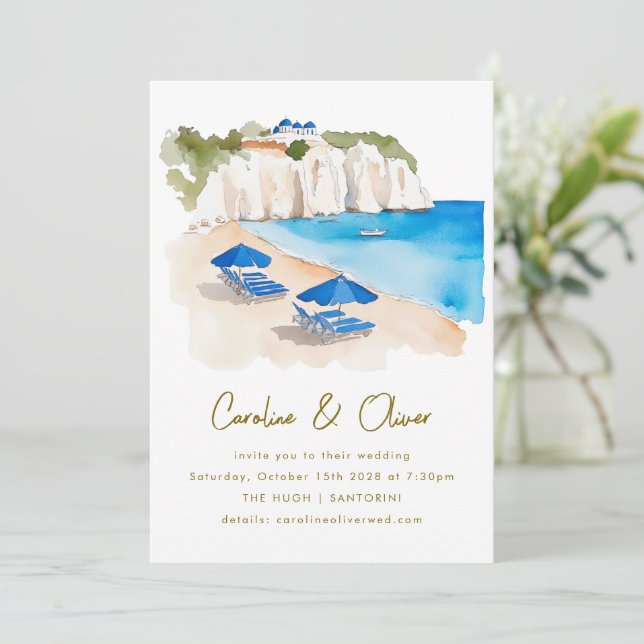 Invitación Boda de destino de acuarela costera de Grecia (Anverso de pie)