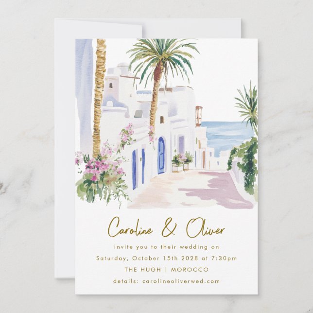 Invitación Boda de destino de acuarela costera marroquí (Anverso)